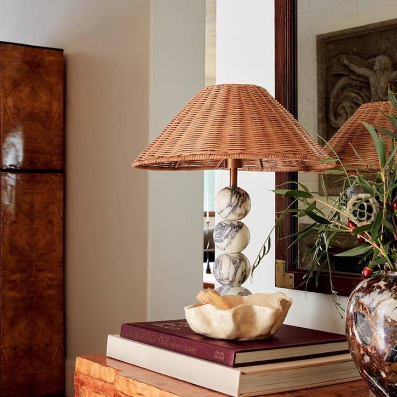 Rattan and Marble Ball Lamp