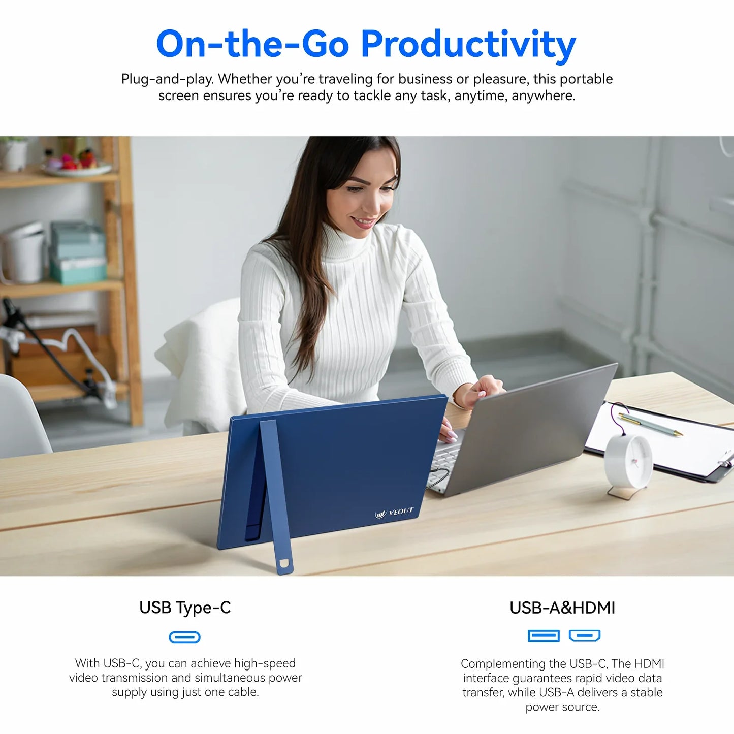VEOUT 16-inch 60HZ Gaming Portable Monitor for Laptop, 16:10 IPS 1200P Display LCD FHD External Second Computer Screen for Phone