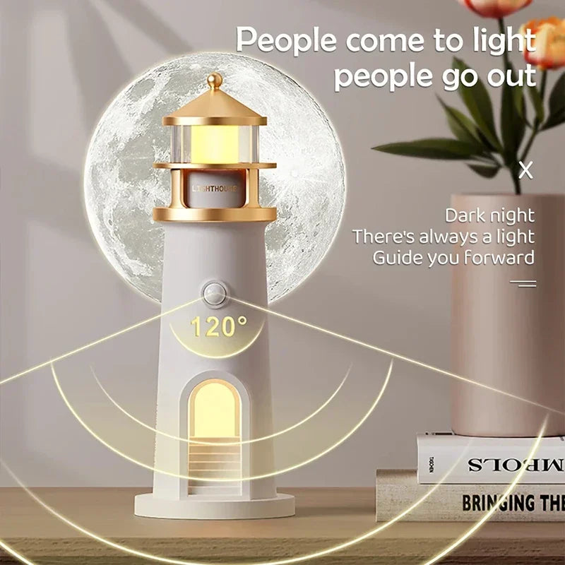 Moon Projection Lighthouse Night Lights Motion Sensor Dimmable Timing Ambient Lamp Decor Bluetooth Music Christmas Birthday Gift