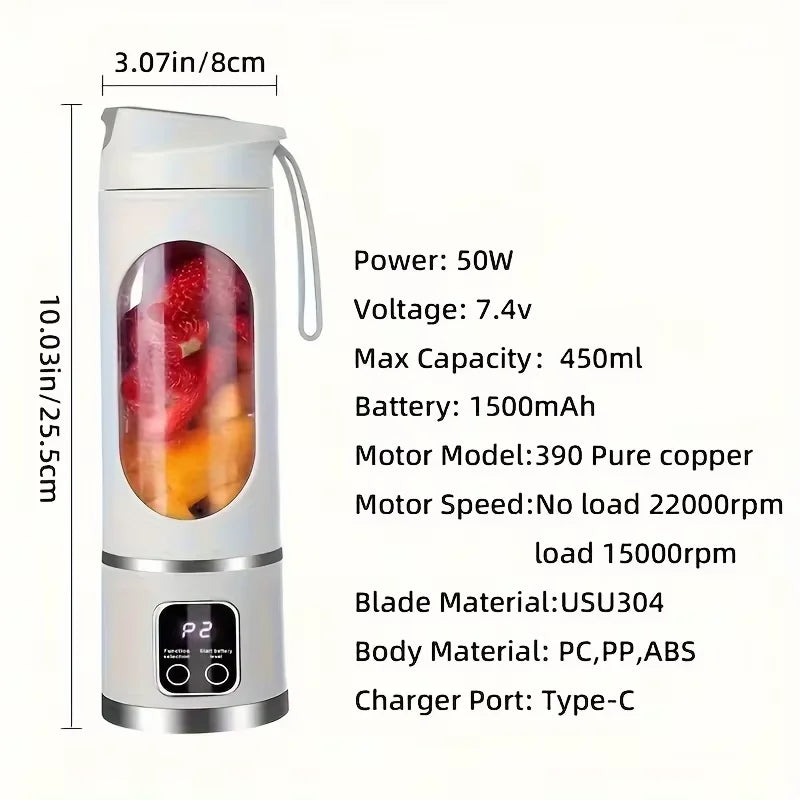 10 Blades Portable Fruit Juicer 450ml Capacity 3 Gears USB Rechargeable Blender Ice Crusher for Shakes and Smoothies Juicer Cup